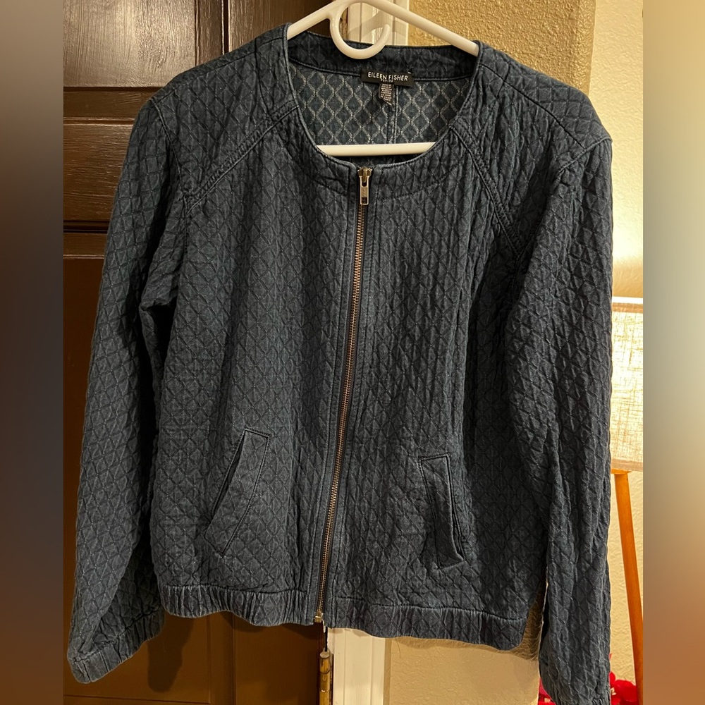 Eileen Fisher Thin Navy Jacket Zip Front Textured Top Petite Size PM 3/4 Sleeve